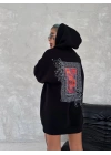 Uzun Kol Kapüşonlu Ön Ve Arka Baskılı SweatShirt - Siyah