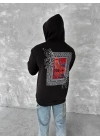 Uzun Kol Kapüşonlu Ön Ve Arka Baskılı SweatShirt - Siyah