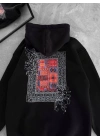 Uzun Kol Kapüşonlu Ön Ve Arka Baskılı SweatShirt - Siyah
