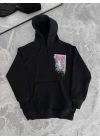Uzun Kol Kapüşonlu Ön Ve Arka Baskılı SweatShirt - Siyah