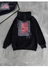Uzun Kol Kapüşonlu Ön Ve Arka Baskılı SweatShirt - Siyah