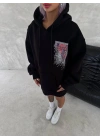 Uzun Kol Kapüşonlu Ön Ve Arka Baskılı SweatShirt - Siyah