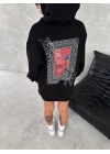 Uzun Kol Kapüşonlu Ön Ve Arka Baskılı SweatShirt - Siyah