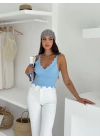 V Yaka Askılı Arkası Açık Triko Crop - Bebe Mavisi