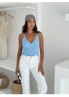 V Yaka Askılı Arkası Açık Triko Crop - Bebe Mavisi