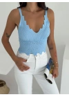 V Yaka Askılı Arkası Açık Triko Crop - Bebe Mavisi