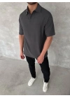 Yakalı Patlı Kısa Kol T-shirt - Antrasit