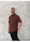 Yakalı Patlı Kısa Kol T-shirt - Kahverengi