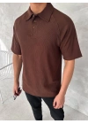 Yakalı Patlı Kısa Kol T-shirt - Kahverengi