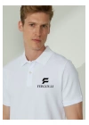Yakası Düğmeli Yakalı Pike Baskılı T-Shirt - Beyaz