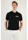 Yakası Düğmeli Yakalı Pike Baskılı T-Shirt - Siyah