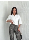 Z Krep Kadın Crop Yakalı Gömlek İlik Düğmeli Üç Çeyrek Sleeve Kol - Beyaz