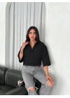 Z Krep Kadın Crop Yakalı Gömlek İlik Düğmeli Üç Çeyrek Sleeve Kol - Siyah