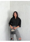 Z Krep Kadın Crop Yakalı Gömlek İlik Düğmeli Üç Çeyrek Sleeve Kol - Siyah