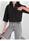 Z Krep Kadın Crop Yakalı Gömlek İlik Düğmeli Üç Çeyrek Sleeve Kol - Siyah