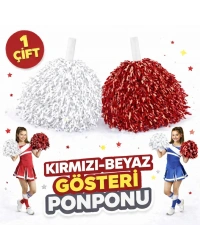 1 Çift ( 2 Adet ) Kırmızı-Beyaz Renk 23 Nisan 19 Mayıs 29 Ekim Okul Gösteri Ponponları Ekstra Dolgun