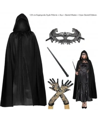 120 cm Kapüşonlu Siyah Pelerin + Asa + Dantel Maske + Uzun Dantel Siyah Eldiven Kostüm Seti