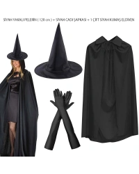 120 cm Siyah Yakalı Cadı Pelerini Cadı Şapkası ve 1 Çift Siyah Kumaş Eldiven Seti 3 Parça