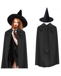120 cm Siyah Yakalı Pelerin ve Siyah Cadı Şapkası Kostüm Seti