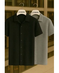 2 li Avantajlı Paket %100 Pamuk Kısa Kol Düğmeli Premium Erkek Waffle Gömlek