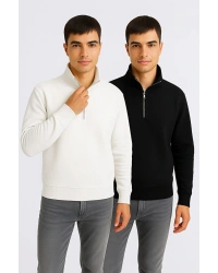 2li Paket Comfort Fit Dik Yaka Dokulu Yarım Fermuarlı Waffle Sweatshirt