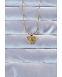 316L Altın Renk Zirkon Taşlı İşlemeli Göz Detay Kalp Kolye