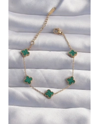 316L Çelik Baby Boy Gold Renk Çizgili Yeşil Mineli Yonca Bileklik