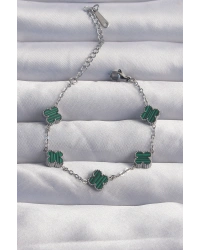 316L Çelik Baby Boy Gümüş Renk Çizgili Yeşil Mineli Yonca Bileklik