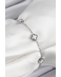 316L Çelik Beyaz Sedef Yonca Model Gümüş Renk Kadın Bileklik