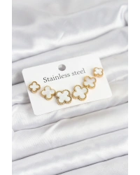 316L Çelik Gold Beyaz Renk 3 Boy Yonca Küpe Seti