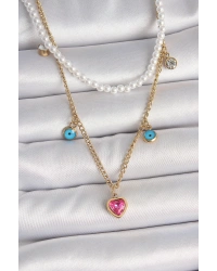 316L Çelik Gold Renk 2Li İnci Zincir Model Pembe Taşlı Kalp Figür Nazar Boncuk Detay Kadın Kolye