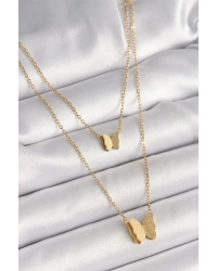 316L Çelik Gold Renk 2Li Simli Kelebek Model Kadın Kolye