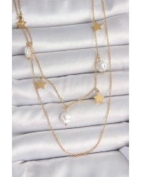 316L Çelik Gold Renk 2Li Zincir Sallantı Yıldız İnci Model Kadın Kolye