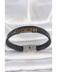 316L Çelik Gold Renk Aksesuarlı Çift Sıra Siyah Burgu Desenli Deri Kordon Erkek Bileklik