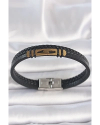 316L Çelik Gold Renk Aksesuarlı Çift Sıra Siyah Burgu Desenli Deri Kordon Erkek Bileklik