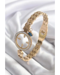 316L Çelik Gold Renk Arpa Model Zirkon Taş Detay Çeyrek Altın Takılabilir Kadın Kelepçe