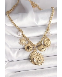 316L Çelik Gold Renk Ay Güneş Figür Deniz Kabuğu Detay Kadın Kolye