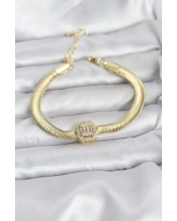 316L Çelik Gold Renk Baget Zirkon Taşlı Yılan Zincirli Kadın Bileklik