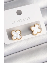 316L Çelik Gold Renk Beyaz Minelik Yonca Model Kadın Küpe