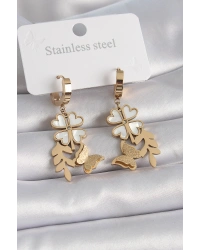 316L Çelik Gold Renk Beyaz Sedefli Yonca Simli Kelebek Figür Kadın Küpe