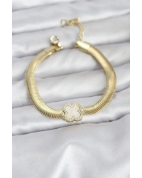 316L Çelik Gold Renk Beyaz Yonca Model Zirkon Taşlı Yılan Zincirli Kadın Bileklik