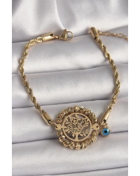 316L Çelik Gold Renk Burgu Zincir Model Dorika Yaşam Ağacı Figür Nazar Boncuk Detay Kadın Bileklik