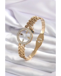 316L Çelik Gold Renk Çeyrek Takılabilen Zirkon Taş Detay Kadın Kelepçe