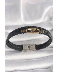 316L Çelik Gold Renk Gemi Dümen Figür Siyah Renk Çift Sıra Burgu Desenli Deri Kordon Erkek Bileklik