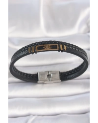 316L Çelik Gold Renk Gemi Dümeni Aksesuarlı Çift Sıra Burgu Desenli Deri Kordon Erkek Bileklik