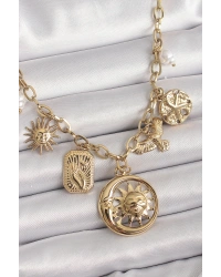 316L Çelik Gold Renk Halka Zincir Sallantı Ay Güneş Figür Kuş Detay Kadın Kolye