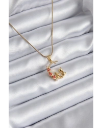 316L Çelik Gold Renk Hilal Kedi Model Zirkon Taşlı Detay Kadın Kolye