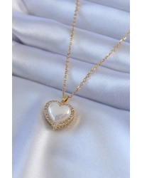 316L Çelik Gold Renk İncili Kalp Model Zirkon Taşlı Kadın Kolye