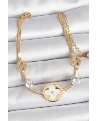 316L Çelik Gold Renk İtalyan Zincir Beyaz Mineli Yonca Model Zirkon Taş Detaylı Kadın Bileklik