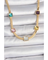 316L Çelik Gold Renk İtalyan Zincir Model Kare Renkli Zirkon Taşlı Kadın Kolye